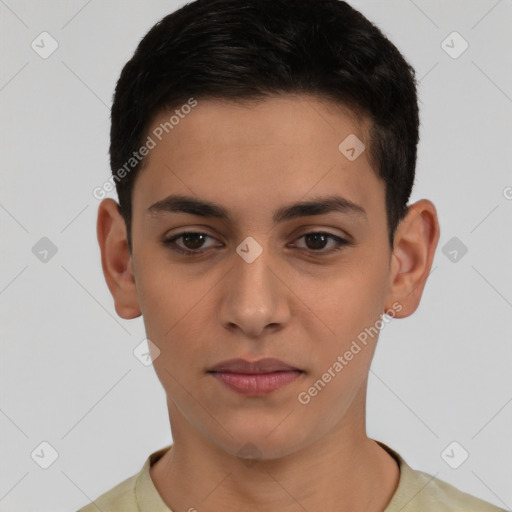 Joyful latino young-adult male with short  brown hair and brown eyes