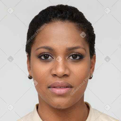 Joyful latino young-adult female with short  black hair and brown eyes