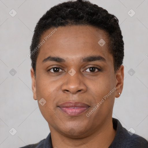 Joyful black young-adult male with short  black hair and brown eyes