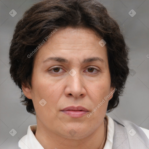 Joyful white adult female with short  brown hair and brown eyes