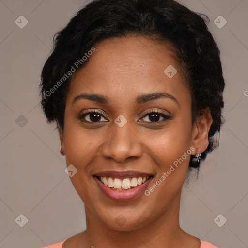 Joyful latino young-adult female with short  black hair and brown eyes