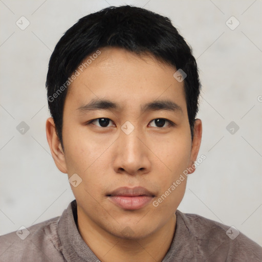 Neutral asian young-adult male with short  black hair and brown eyes