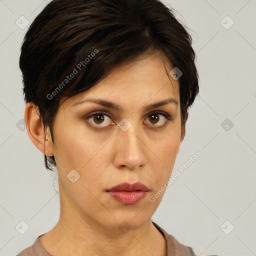 Neutral white young-adult female with short  brown hair and brown eyes