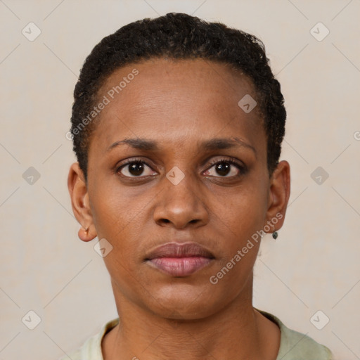 Neutral black young-adult female with short  brown hair and brown eyes