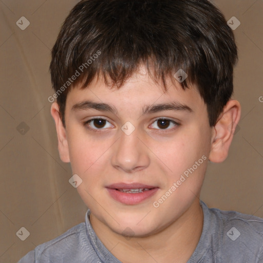 Joyful white child male with short  brown hair and brown eyes