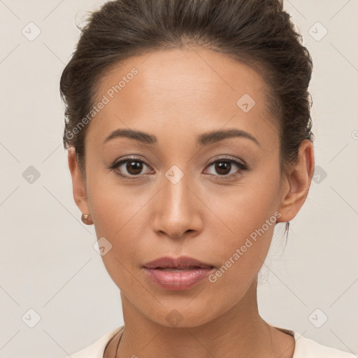 Neutral white young-adult female with short  brown hair and brown eyes