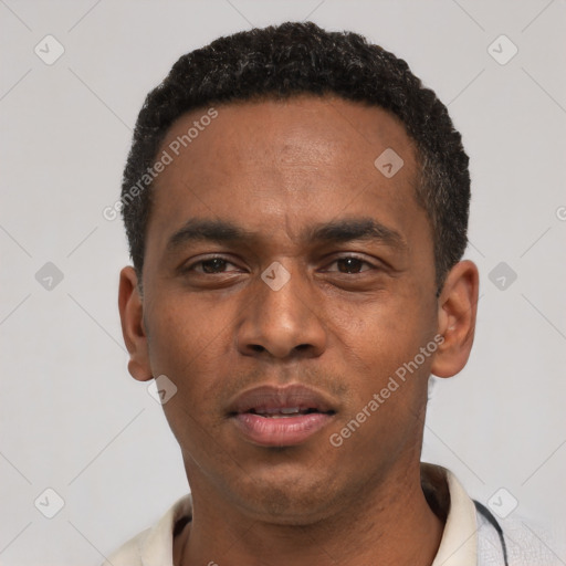 Neutral black young-adult male with short  black hair and brown eyes