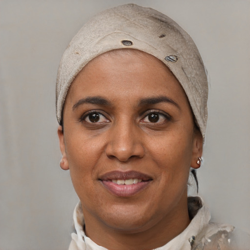 Joyful black adult female with short  black hair and brown eyes