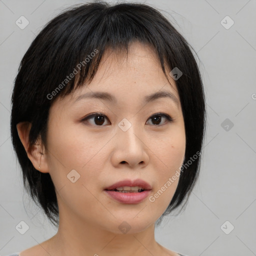 Neutral asian young-adult female with medium  brown hair and brown eyes