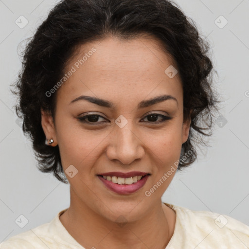 Joyful latino young-adult female with short  brown hair and brown eyes