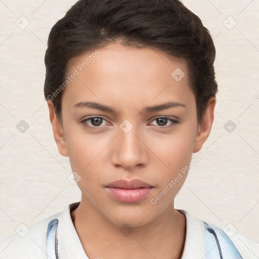 Neutral white young-adult female with short  brown hair and brown eyes