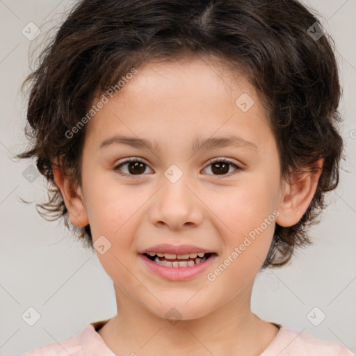 Joyful white child female with medium  brown hair and brown eyes