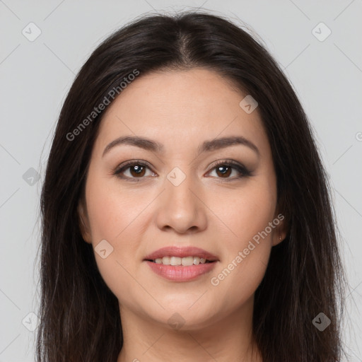 Joyful white young-adult female with long  brown hair and brown eyes