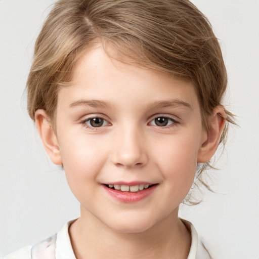 Joyful white child female with medium  brown hair and brown eyes