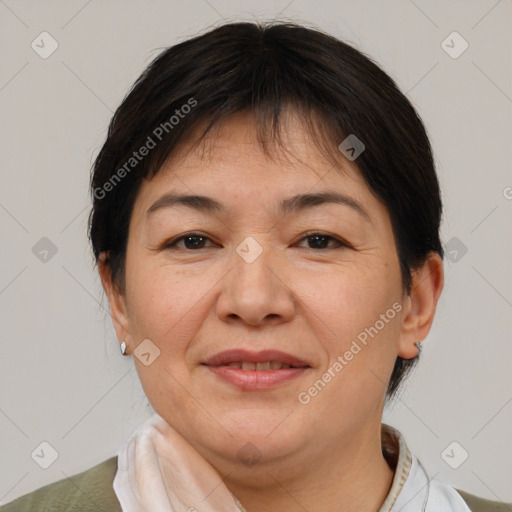 Joyful white adult female with short  brown hair and brown eyes