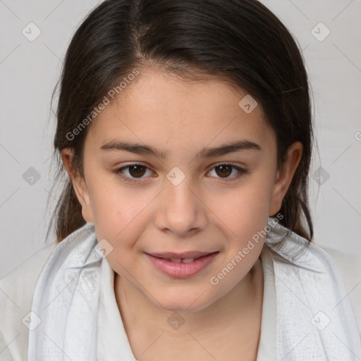 Joyful white child female with medium  brown hair and brown eyes