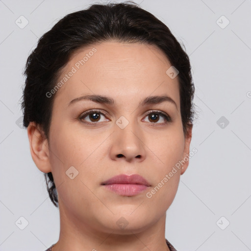 Neutral white young-adult female with short  brown hair and brown eyes