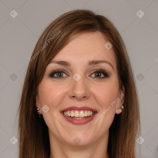 Joyful white young-adult female with long  brown hair and grey eyes