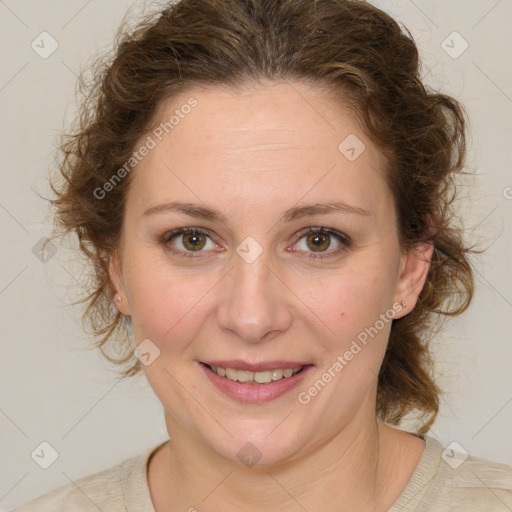 Joyful white young-adult female with medium  brown hair and green eyes