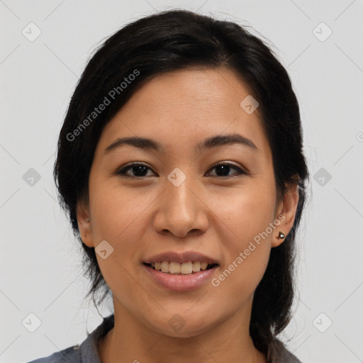 Joyful asian young-adult female with medium  brown hair and brown eyes