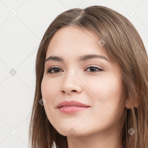 Neutral white young-adult female with long  brown hair and brown eyes