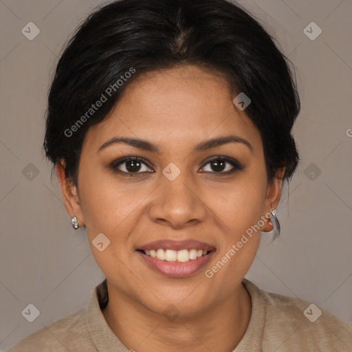 Joyful white young-adult female with medium  brown hair and brown eyes