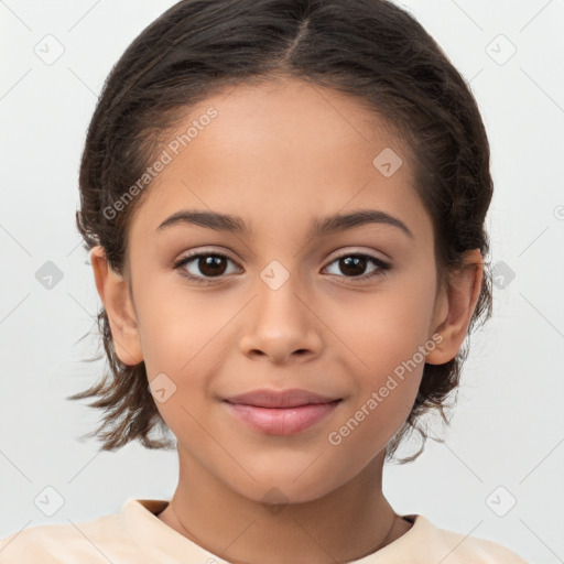 Joyful white child female with medium  brown hair and brown eyes