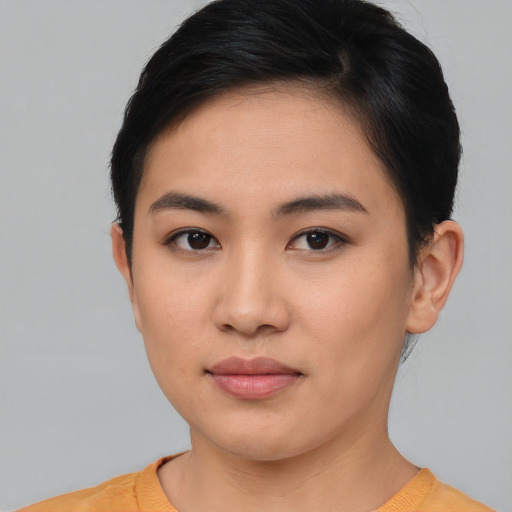 Neutral asian young-adult female with short  black hair and brown eyes