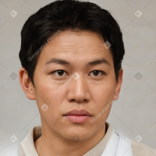 Neutral asian young-adult male with short  brown hair and brown eyes