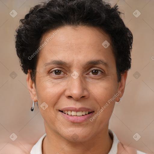 Joyful white adult female with short  brown hair and brown eyes