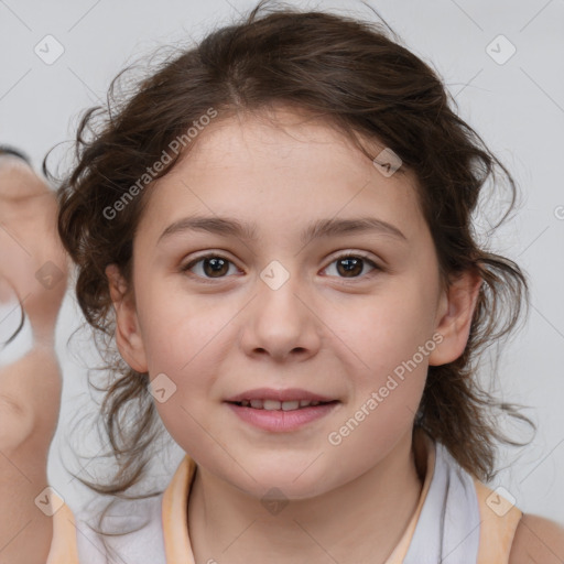 Joyful white child female with medium  brown hair and brown eyes