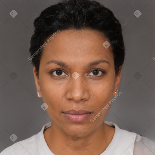 Neutral black young-adult female with short  black hair and brown eyes