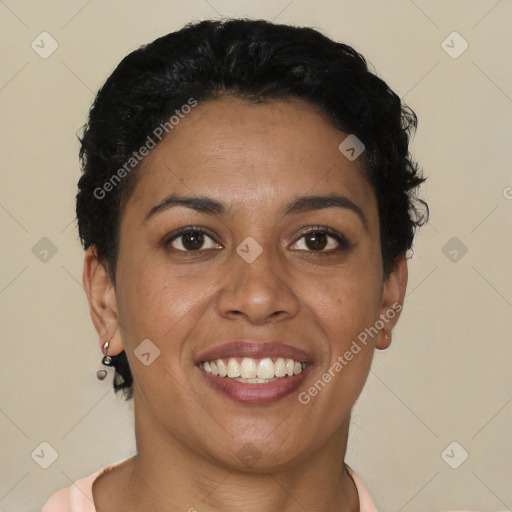 Joyful latino young-adult female with short  brown hair and brown eyes