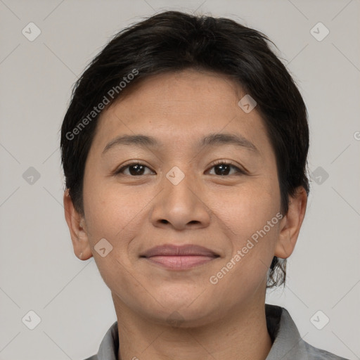 Joyful asian young-adult female with short  brown hair and brown eyes