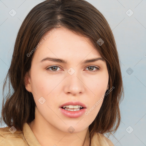 Neutral white young-adult female with medium  brown hair and brown eyes