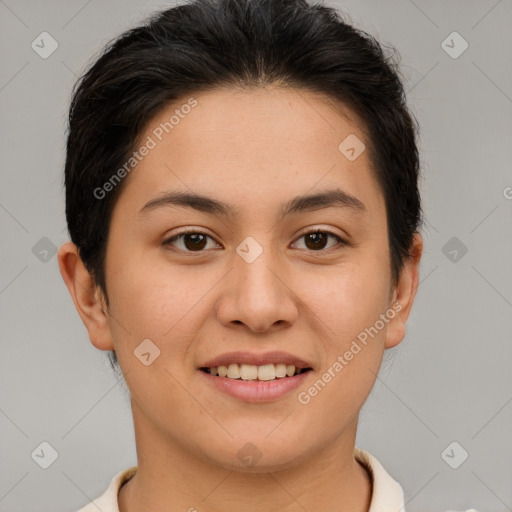 Joyful asian young-adult female with short  brown hair and brown eyes