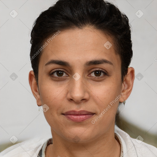 Joyful white young-adult female with short  brown hair and brown eyes