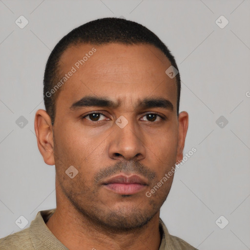 Neutral latino young-adult male with short  black hair and brown eyes