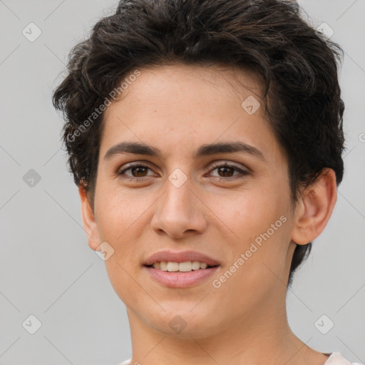 Joyful white young-adult female with short  brown hair and brown eyes