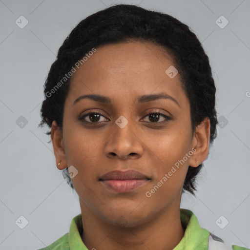 Joyful latino young-adult female with short  black hair and brown eyes