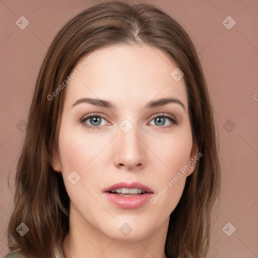 Neutral white young-adult female with medium  brown hair and grey eyes