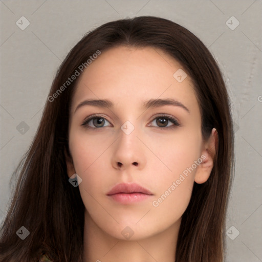 Neutral white young-adult female with long  brown hair and brown eyes