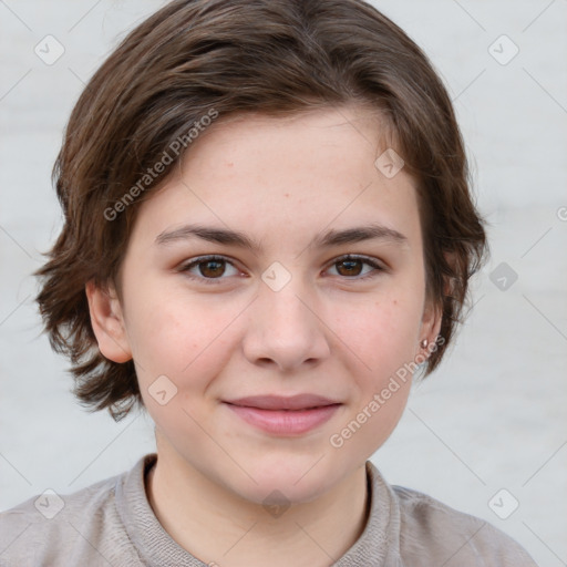 Joyful white child female with medium  brown hair and brown eyes