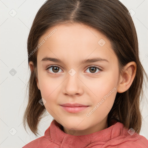 Joyful white child female with medium  brown hair and brown eyes