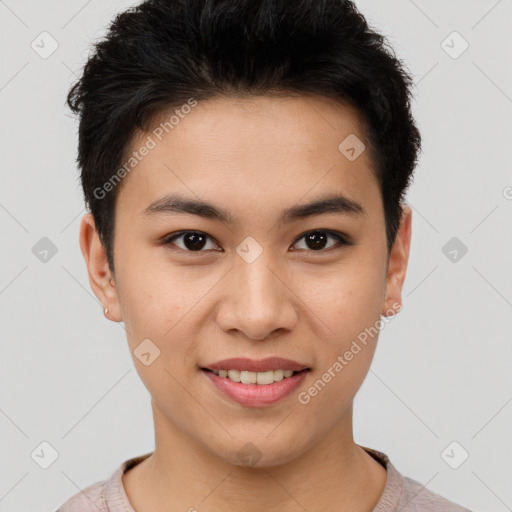 Joyful asian young-adult female with short  brown hair and brown eyes