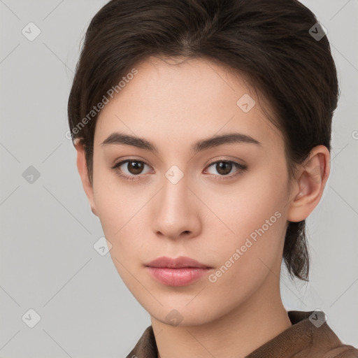 Neutral white young-adult female with short  brown hair and brown eyes