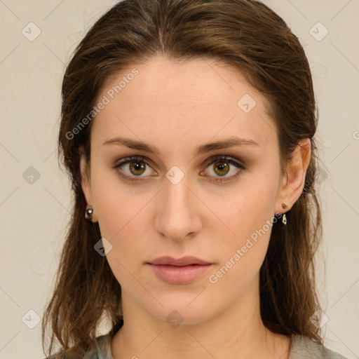 Neutral white young-adult female with medium  brown hair and green eyes