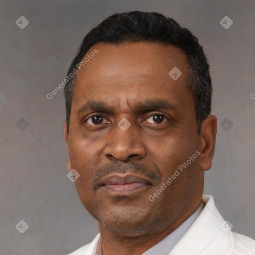 Neutral black adult male with short  black hair and brown eyes