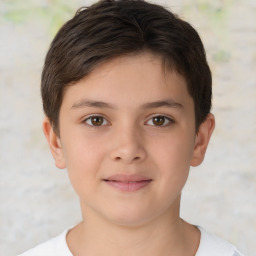 Joyful white child female with short  brown hair and brown eyes