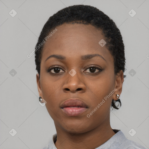 Neutral black young-adult female with short  black hair and brown eyes